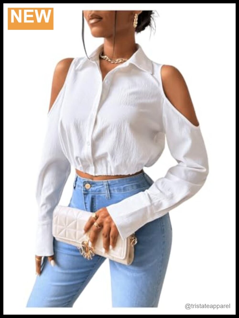 Women's Cold Shoulder Long Sleeve Button Down Cropped Blouse
